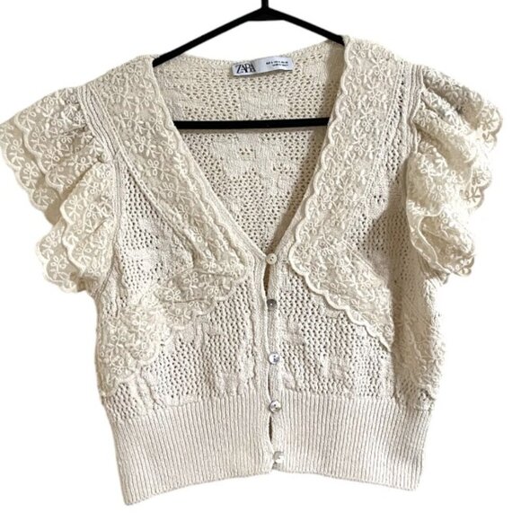 Zara Lace Trim Pointelle Crochet Knit Top - Picture 3 of 8